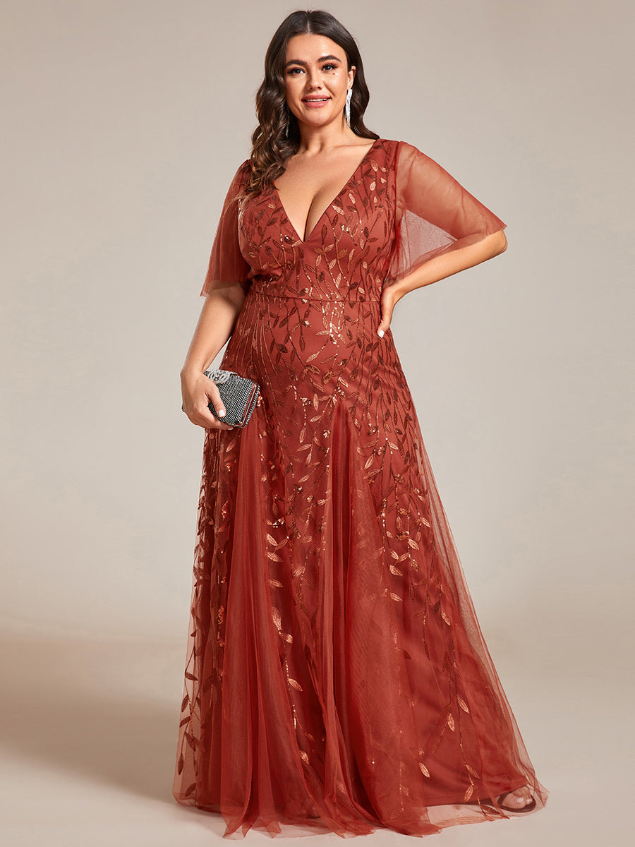 Robe d'Invité de Superbe Mariage Longue à Col en V et Manches à Volants #Couleur_Burnt Orange