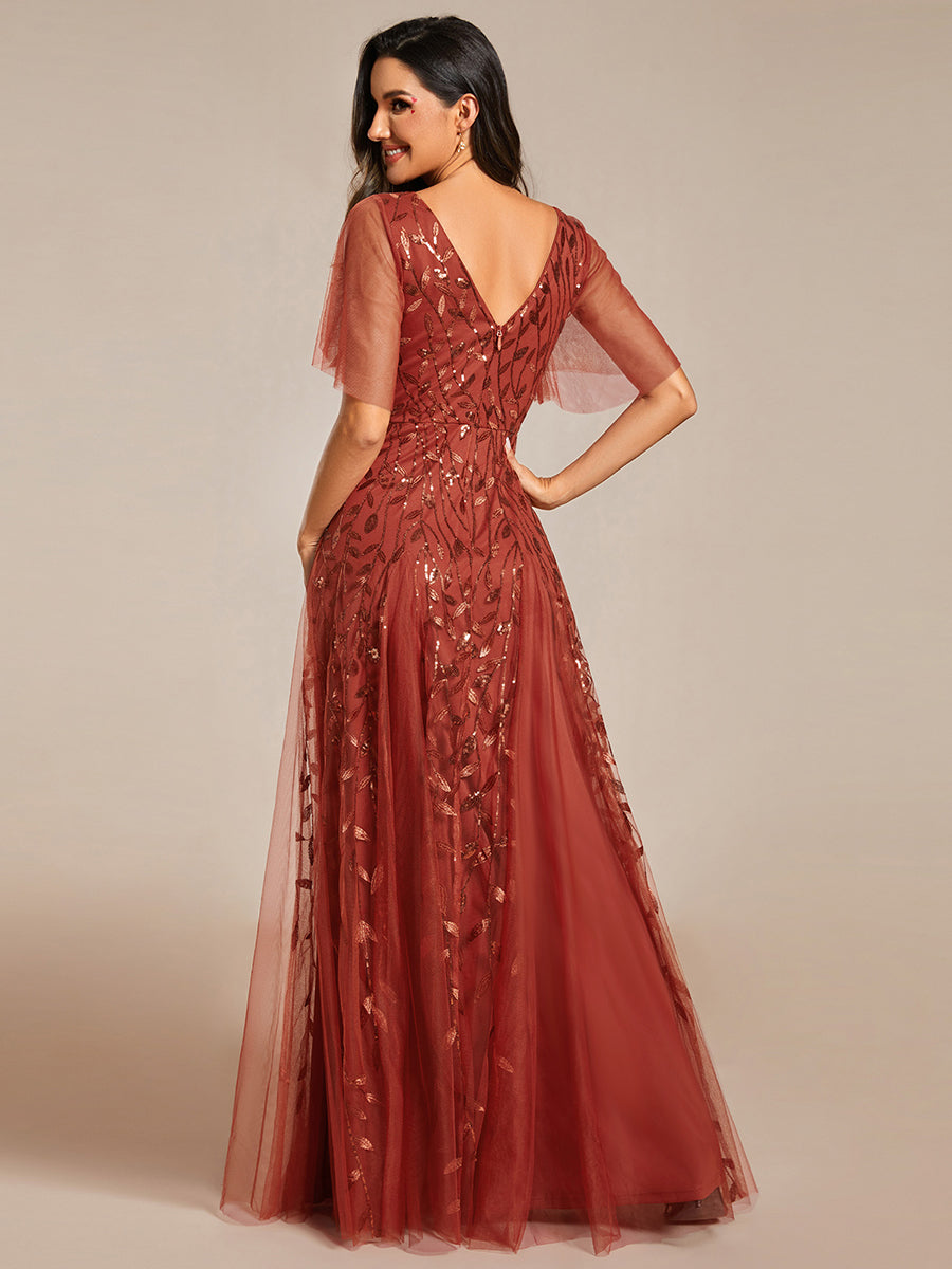 Robe d'Invité de Superbe Mariage Longue à Col en V et Manches à Volants #Couleur_Burnt Orange