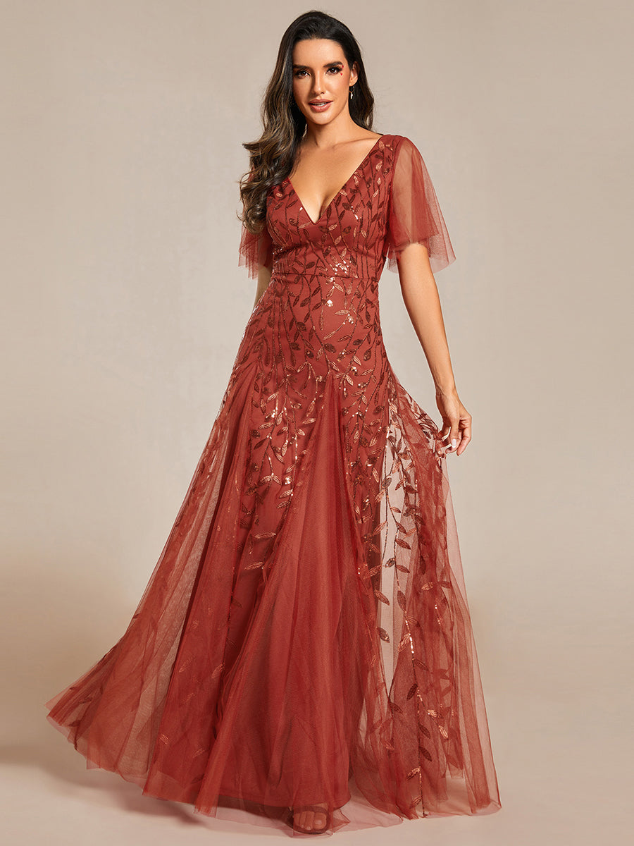 Robe d'Invité de Superbe Mariage Longue à Col en V et Manches à Volants #Couleur_Burnt Orange