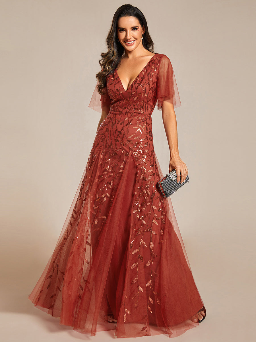 Robe d'Invité de Superbe Mariage Longue à Col en V et Manches à Volants #Couleur_Burnt Orange