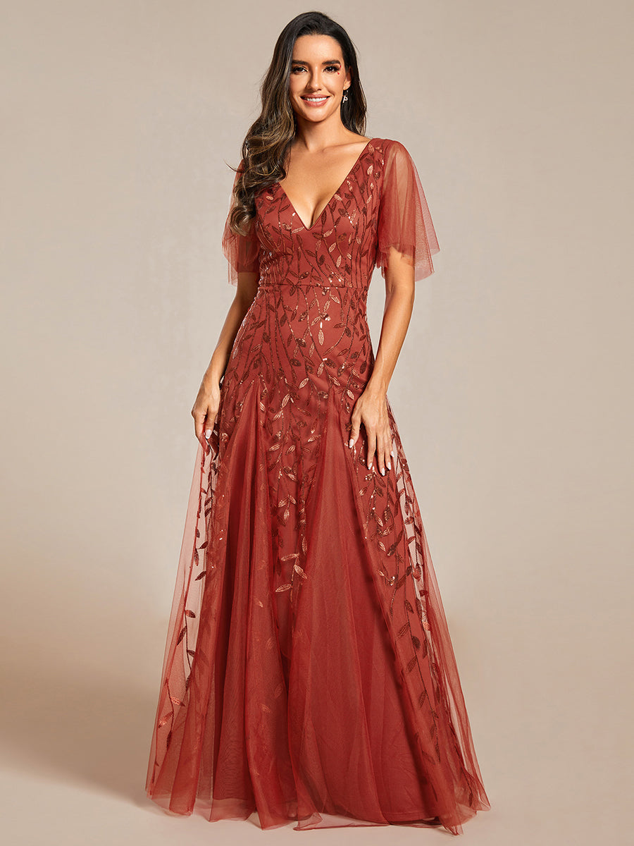 Robe d'Invité de Superbe Mariage Longue à Col en V et Manches à Volants #Couleur_Burnt Orange