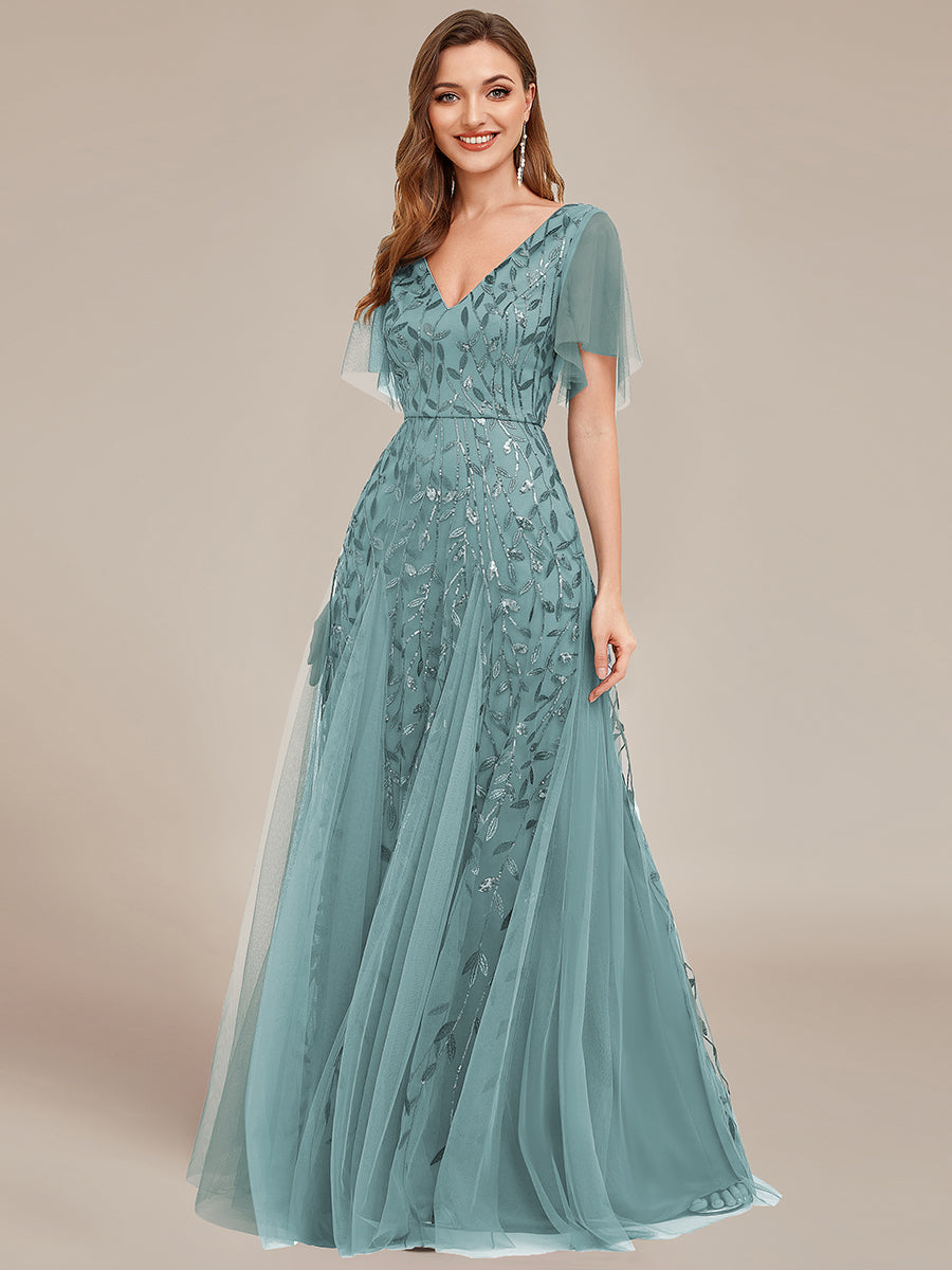 Robe d'Invité de Superbe Mariage Longue à Col en V et Manches à Volants #Couleur_Bleu Fume