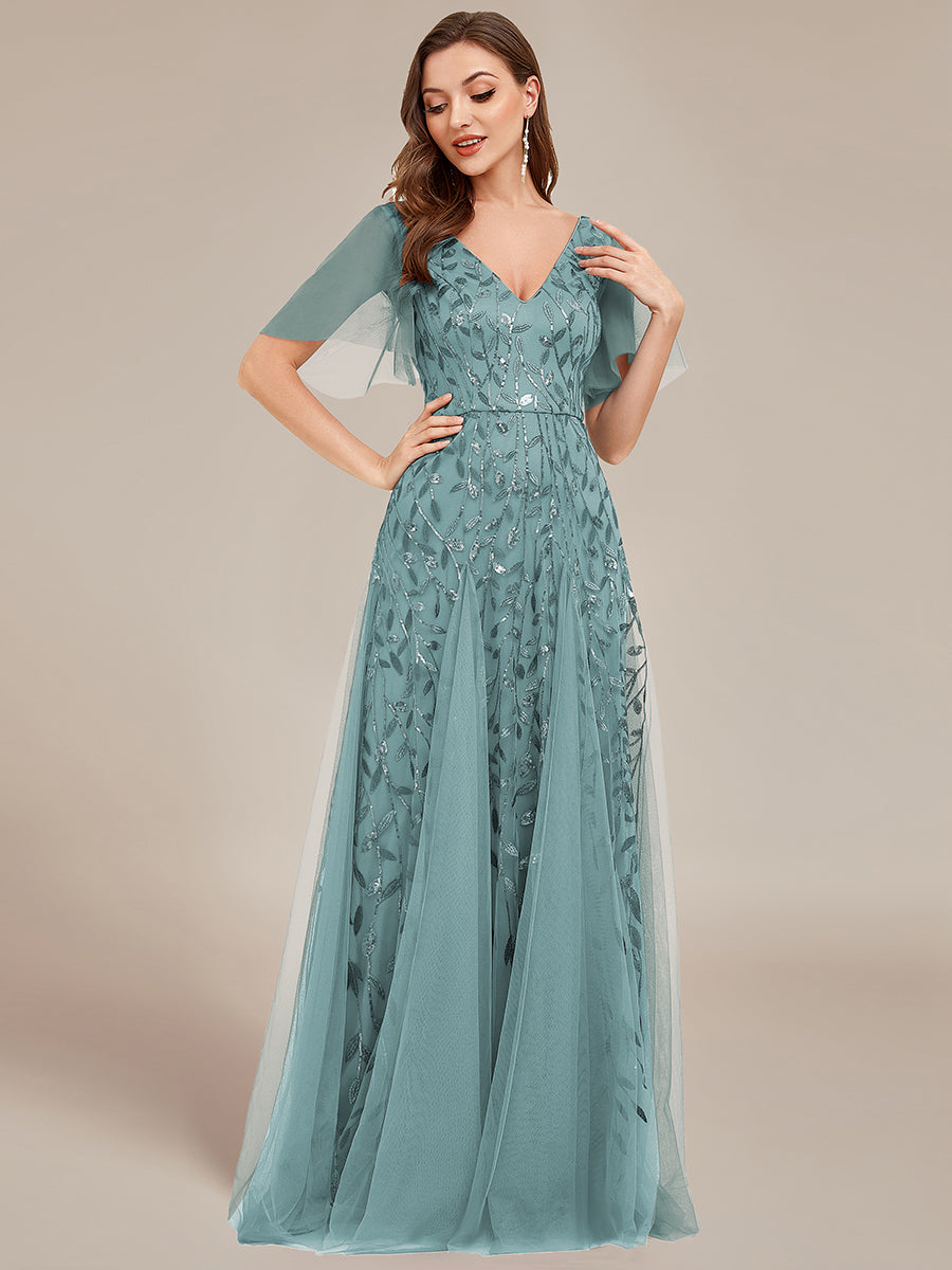 Robe d'Invité de Superbe Mariage Longue à Col en V et Manches à Volants #Couleur_Bleu Fume