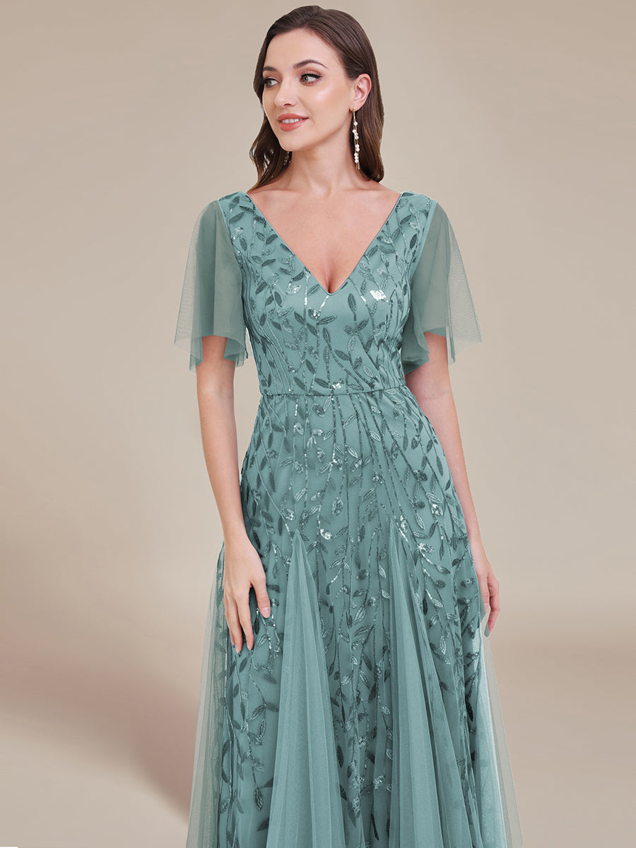 Robe d'Invité de Superbe Mariage Longue à Col en V et Manches à Volants #Couleur_Bleu Fume