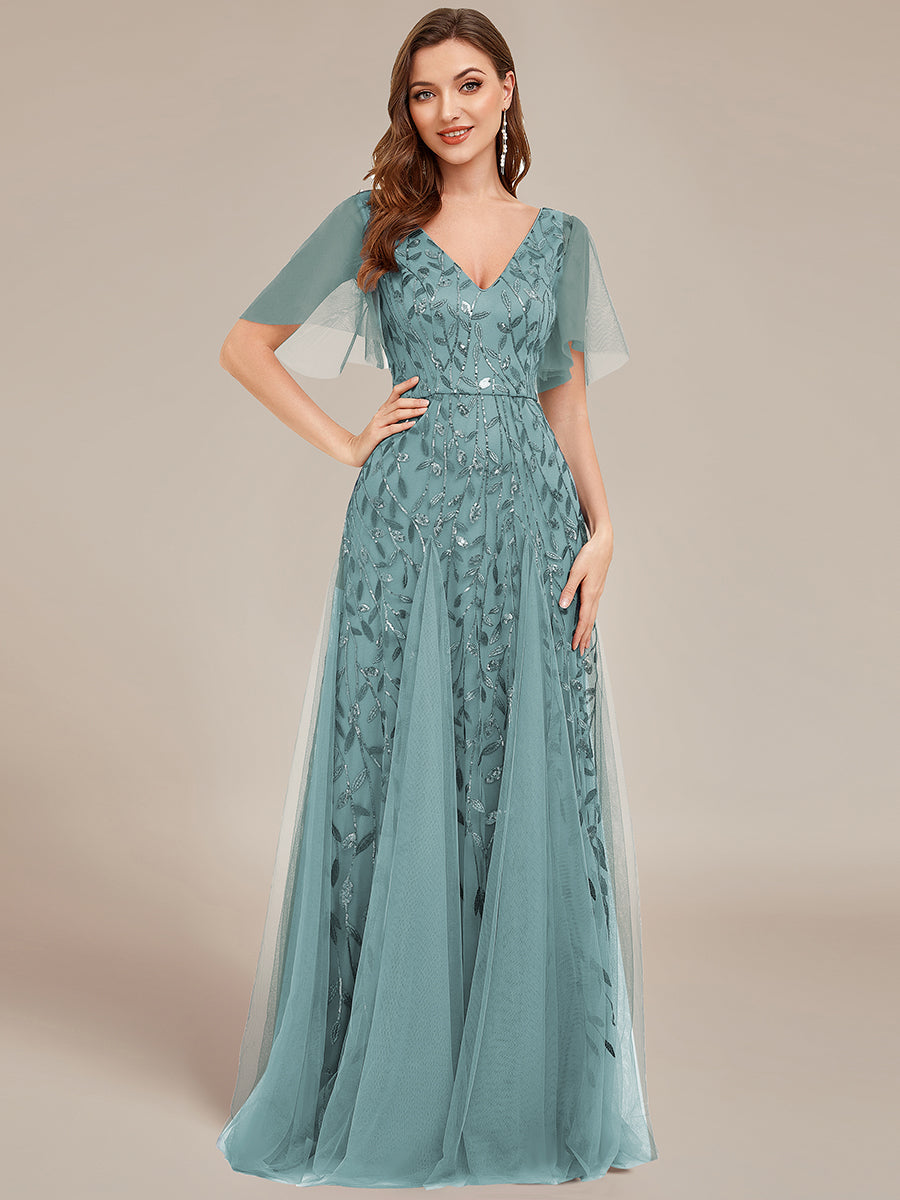 Robe d'Invité de Superbe Mariage Longue à Col en V et Manches à Volants #Couleur_Bleu Fume