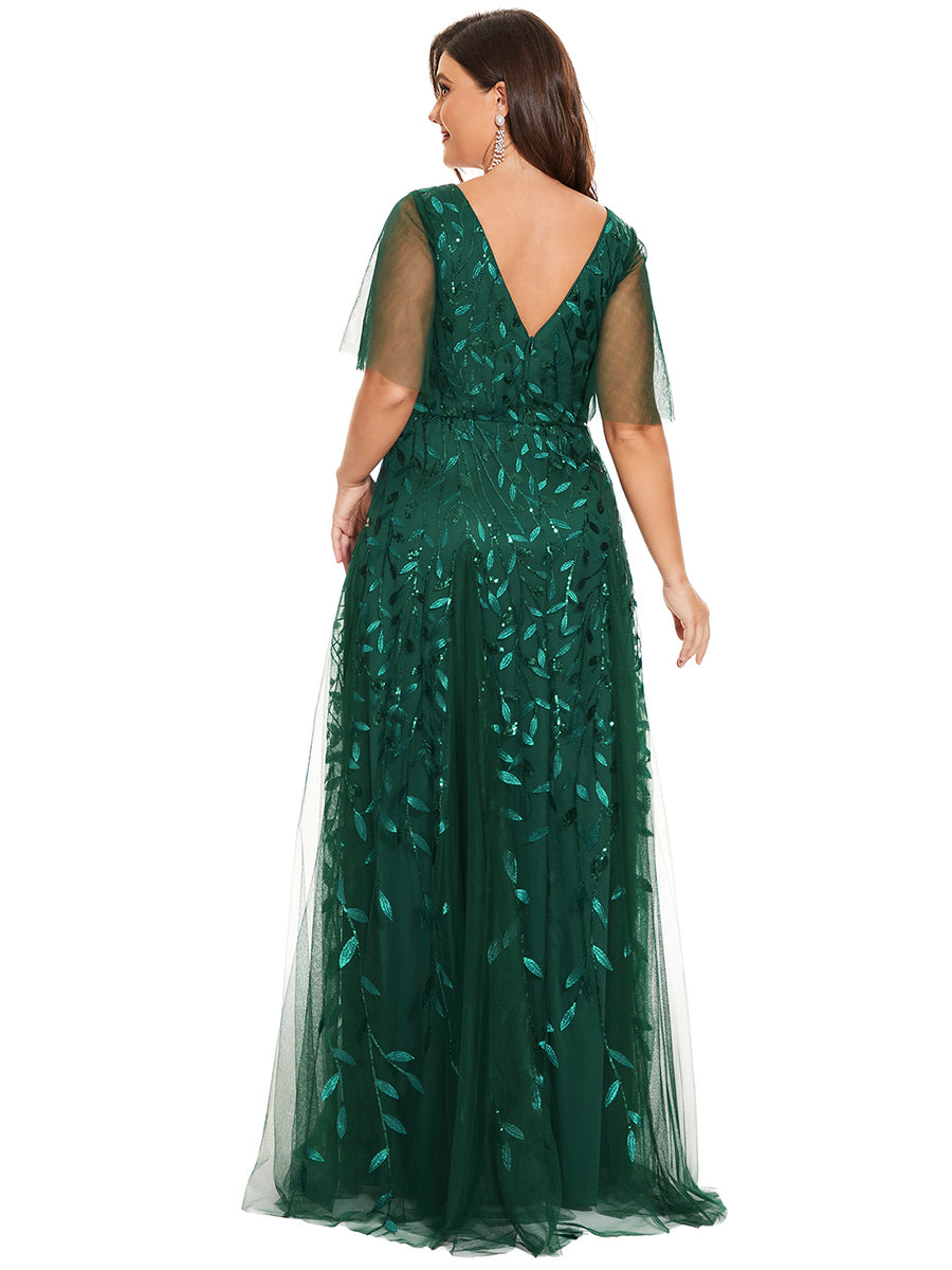 Grande Taille Robe de Soirée Romantique Scintillante à col en V et Manches à Volants #Couleur_Vert Fonce