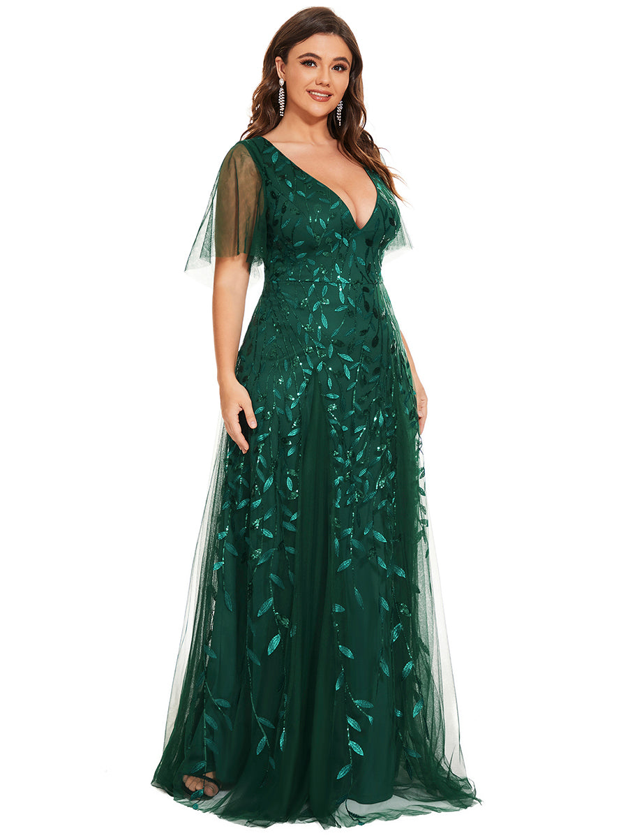 Robe d'Invité de Superbe Mariage Longue à Col en V et Manches à Volants #Couleur_Vert Fonce