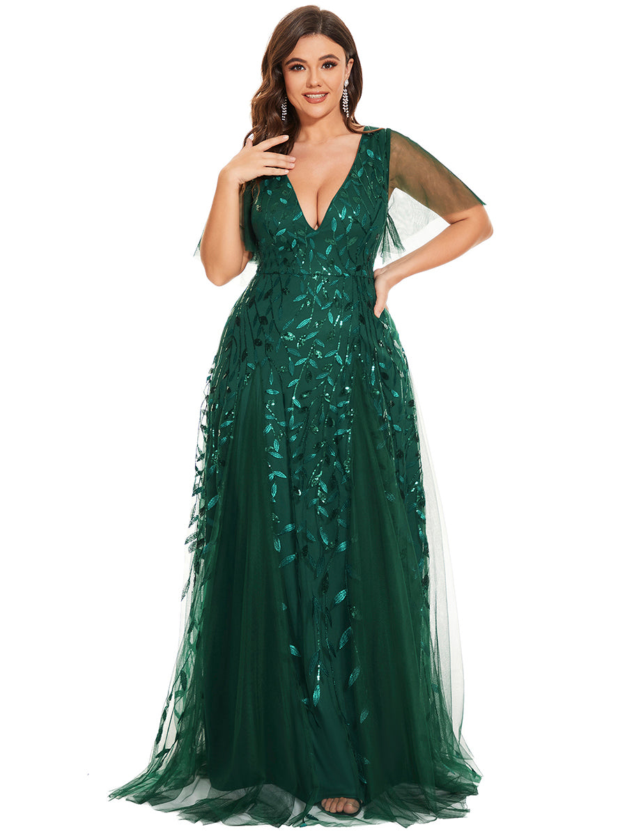 Robe d'Invité de Superbe Mariage Longue à Col en V et Manches à Volants #Couleur_Vert Fonce