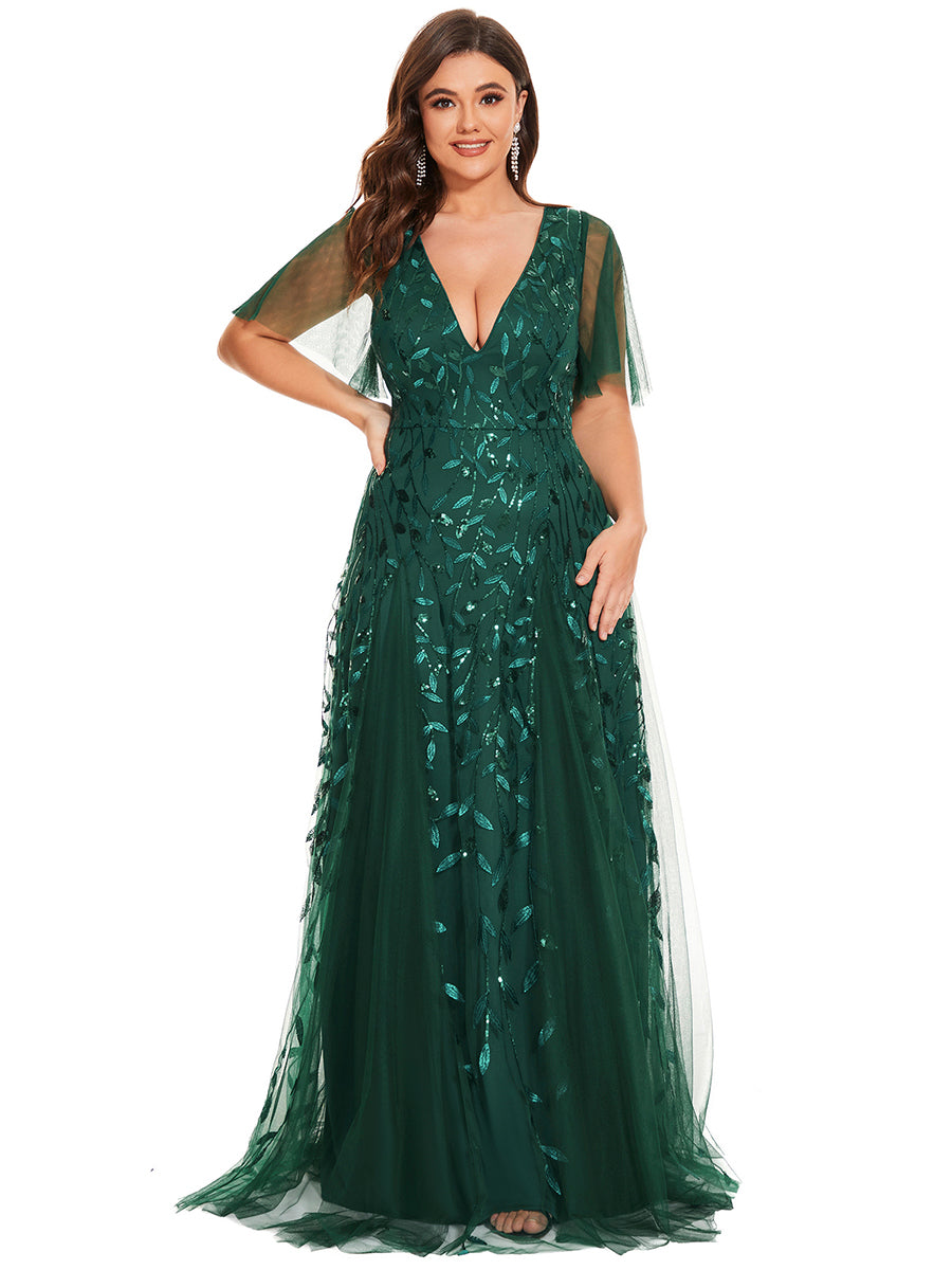 Grande Taille Robe de Soirée Romantique Scintillante à col en V et Manches à Volants #Couleur_Vert Fonce