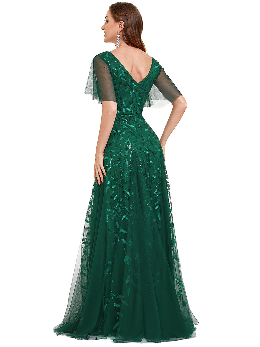 Robe d'Invité de Superbe Mariage Longue à Col en V et Manches à Volants #Couleur_Vert Fonce