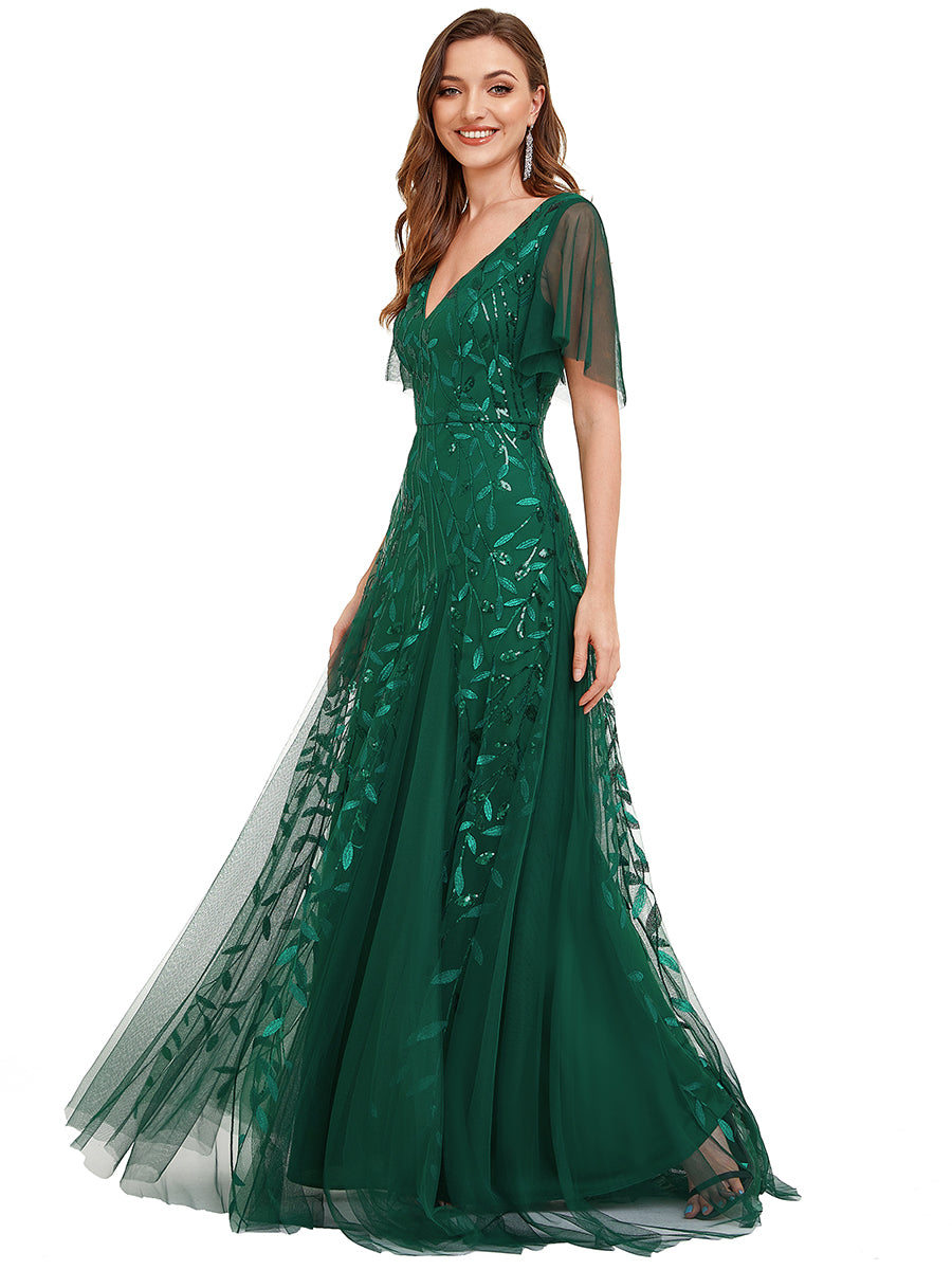 Robe d'Invité de Superbe Mariage Longue à Col en V et Manches à Volants #Couleur_Vert Fonce