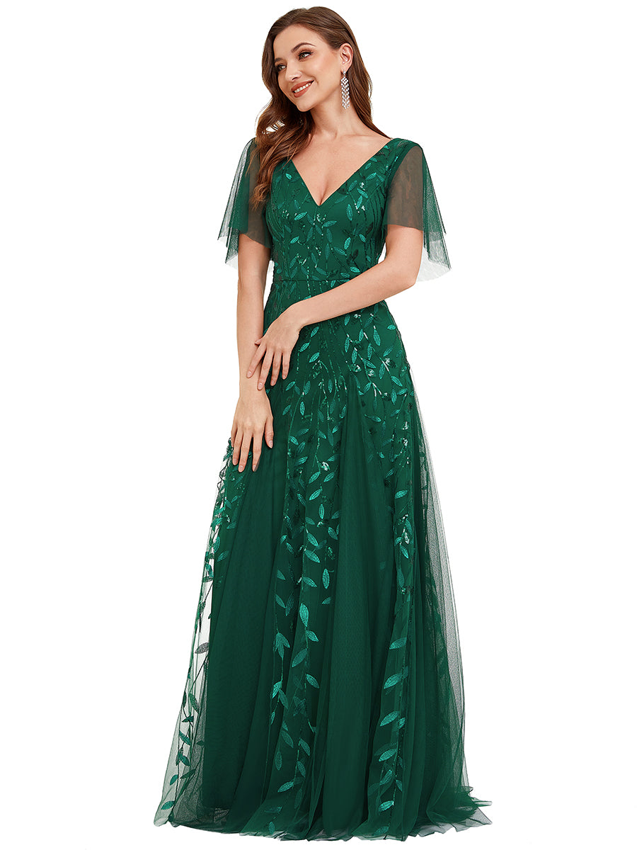 Robe d'Invité de Superbe Mariage Longue à Col en V et Manches à Volants #Couleur_Vert Fonce