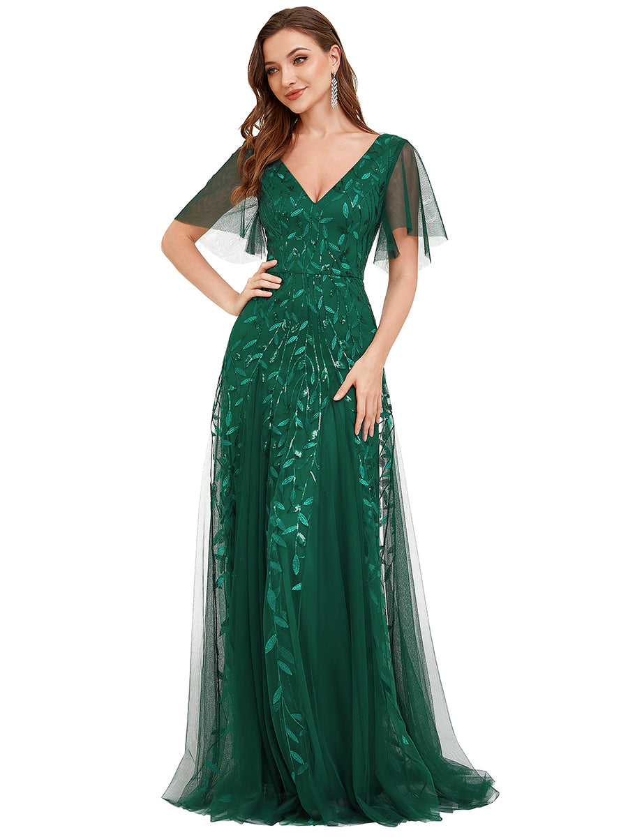 Robe d'Invité de Superbe Mariage Longue à Col en V et Manches à Volants #Couleur_Vert Fonce