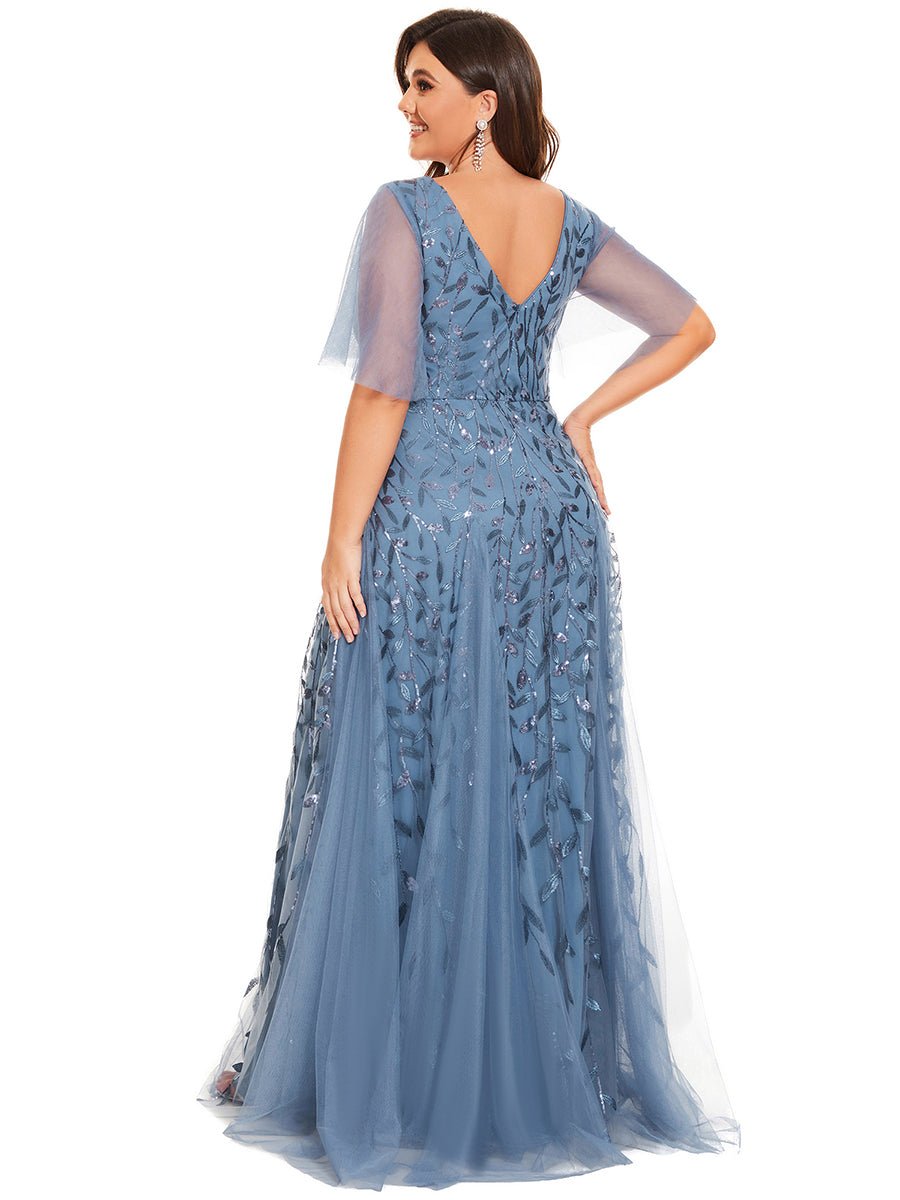 Robe d'Invité de Superbe Mariage Longue à Col en V et Manches à Volants #Couleur_Marine Fume