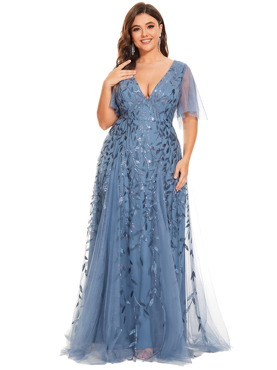 Robe d'Invité de Superbe Mariage Longue à Col en V et Manches à Volants #Couleur_Marine Fume