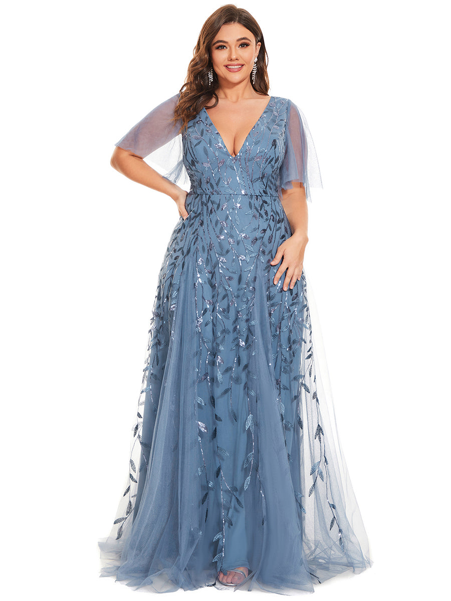 Grande Taille Robe de Soirée Romantique Scintillante à col en V et Manches à Volants #Couleur_Marine Fume