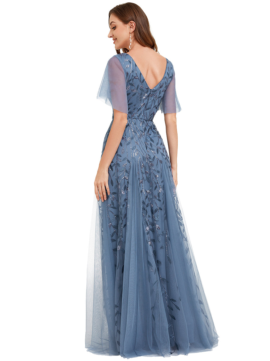 Robe d'Invité de Superbe Mariage Longue à Col en V et Manches à Volants #Couleur_Marine Fume