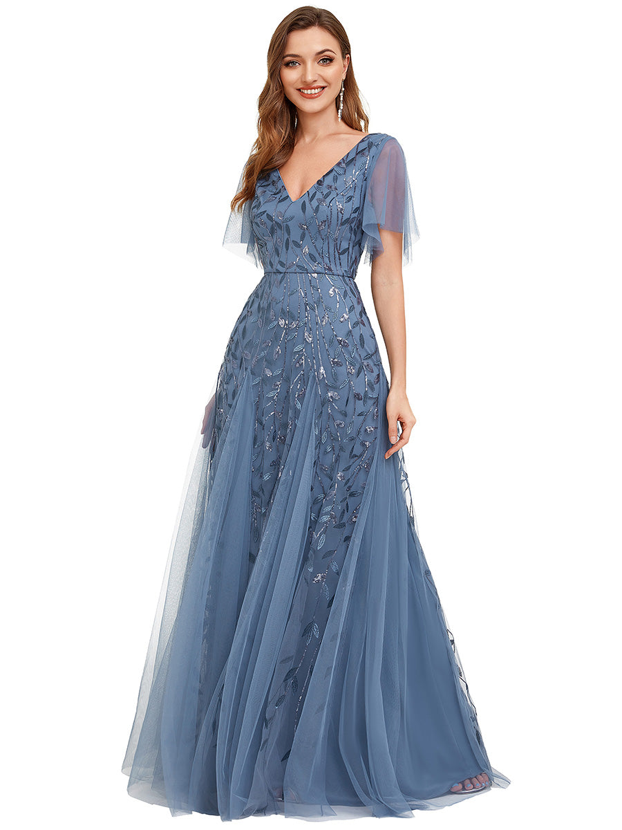 Robe d'Invité de Superbe Mariage Longue à Col en V et Manches à Volants #Couleur_Marine Fume