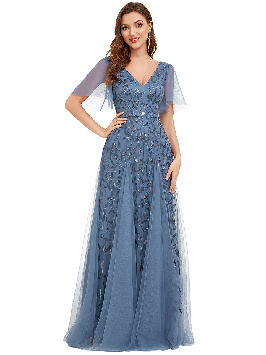 Robe d'Invité de Superbe Mariage Longue à Col en V et Manches à Volants #Couleur_Marine Fume