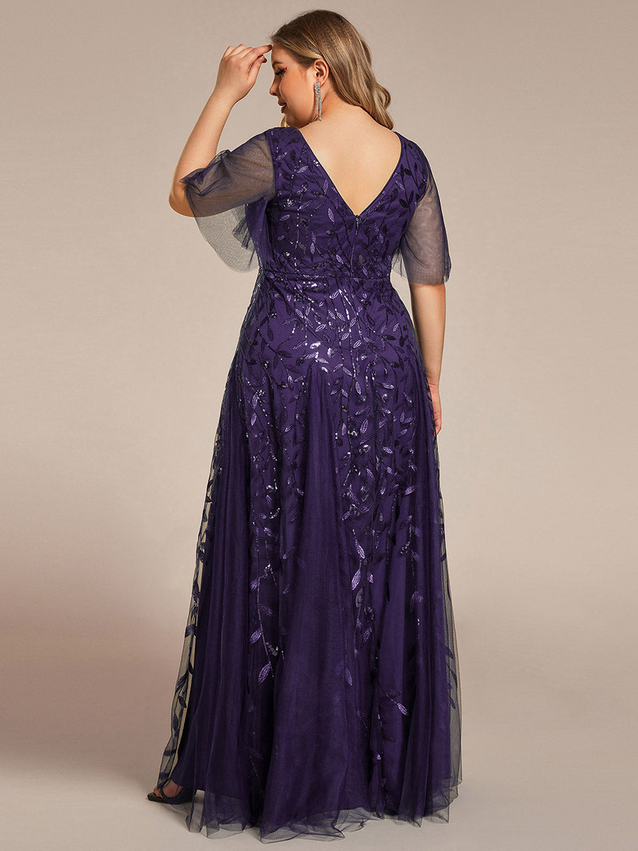 Robe d'Invité de Superbe Mariage Longue à Col en V et Manches à Volants #Couleur_Violet Fonce