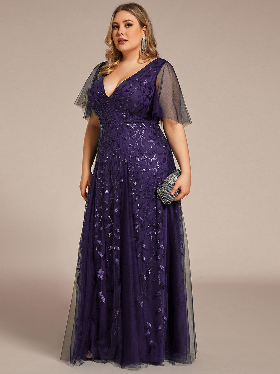 Robe d'Invité de Superbe Mariage Longue à Col en V et Manches à Volants #Couleur_Violet Fonce