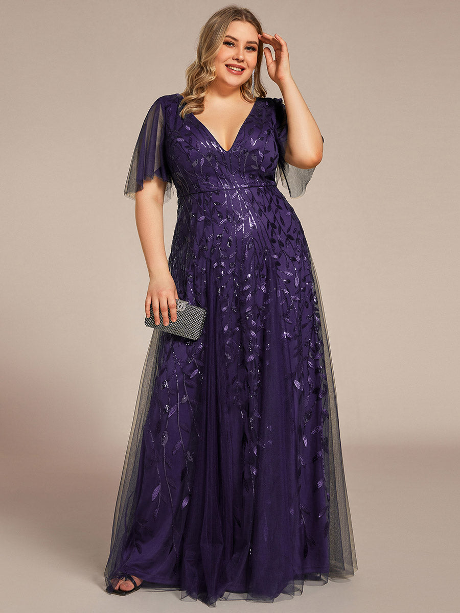 Robe d'Invité de Superbe Mariage Longue à Col en V et Manches à Volants #Couleur_Violet Fonce