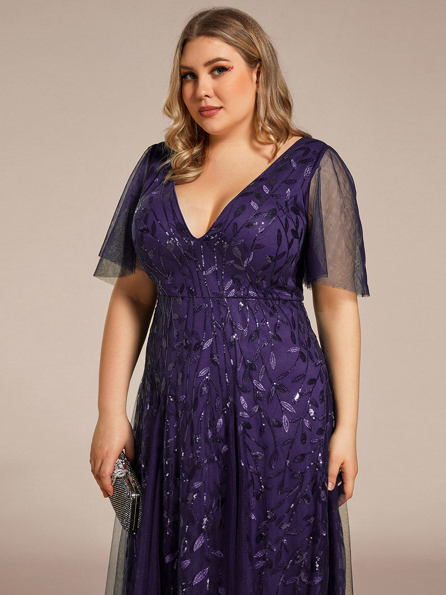 Robe d'Invité de Superbe Mariage Longue à Col en V et Manches à Volants #Couleur_Violet Fonce