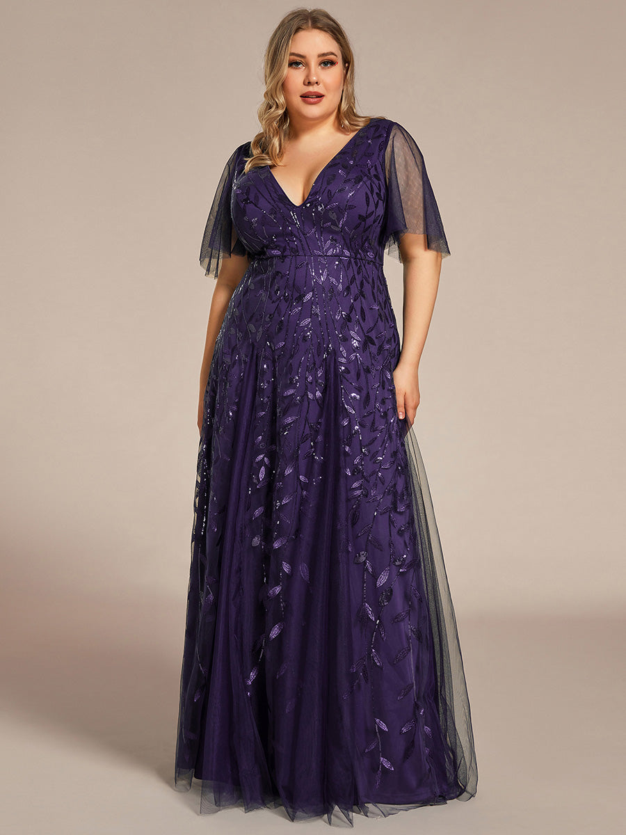 Robe d'Invité de Superbe Mariage Longue à Col en V et Manches à Volants #Couleur_Violet Fonce