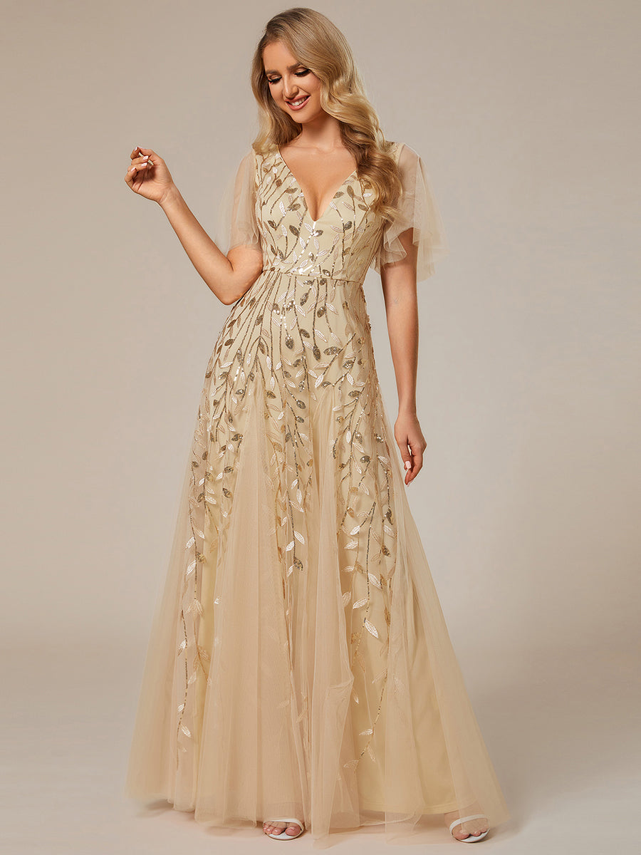 Robe d'Invité de Superbe Mariage Longue à Col en V et Manches à Volants #Couleur_Or