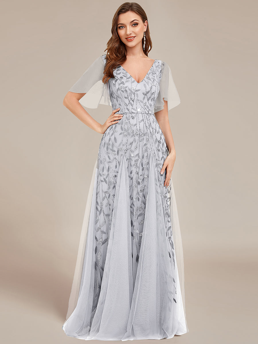 Robe d'Invité de Superbe Mariage Longue à Col en V et Manches à Volants #Couleur_Gris