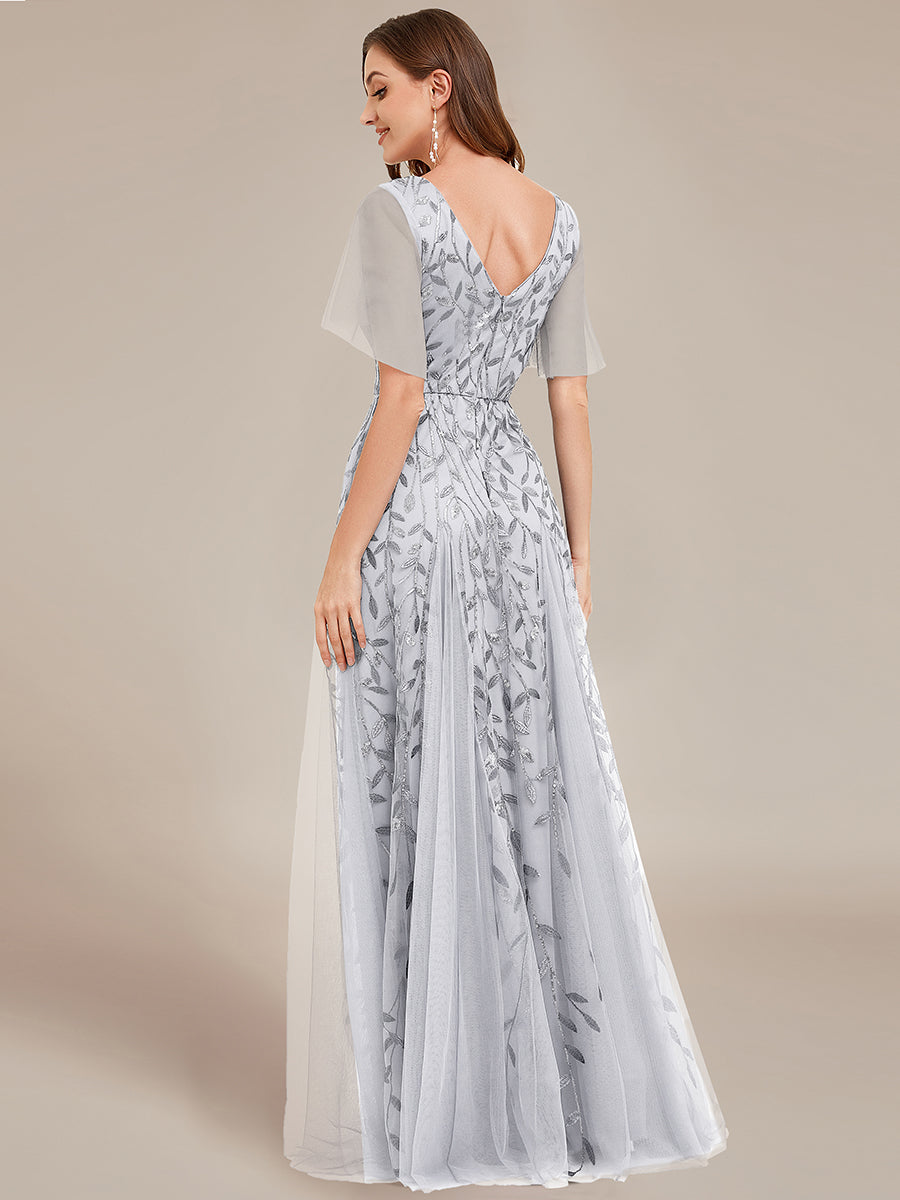 Robe d'Invité de Superbe Mariage Longue à Col en V et Manches à Volants #Couleur_Gris