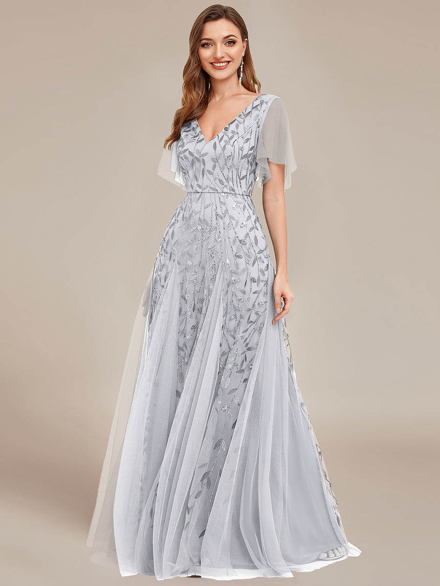 Robe d'Invité de Superbe Mariage Longue à Col en V et Manches à Volants #Couleur_Gris