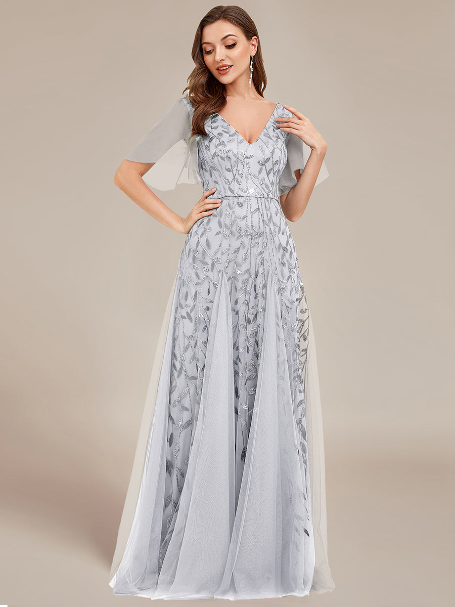 Robe d'Invité de Superbe Mariage Longue à Col en V et Manches à Volants #Couleur_Gris