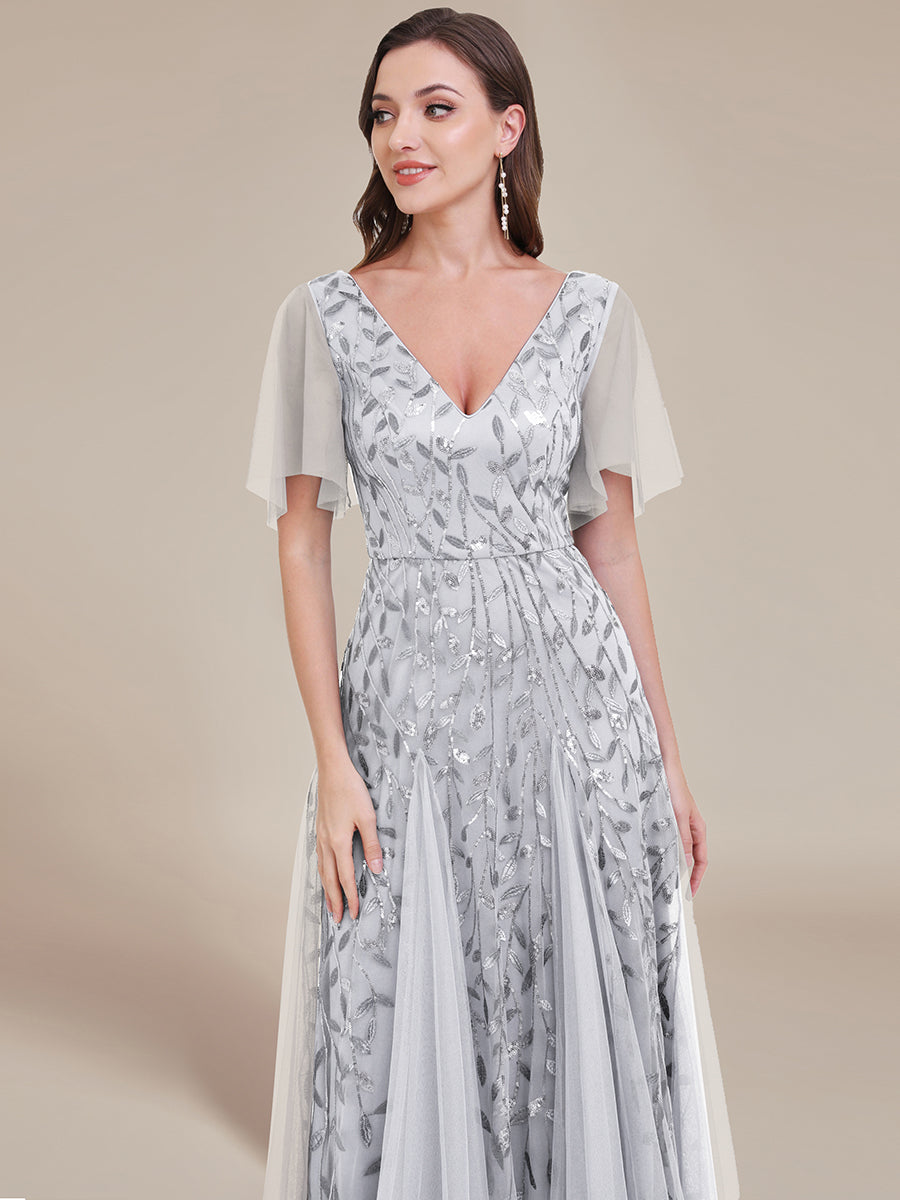 Robe d'Invité de Superbe Mariage Longue à Col en V et Manches à Volants #Couleur_Gris