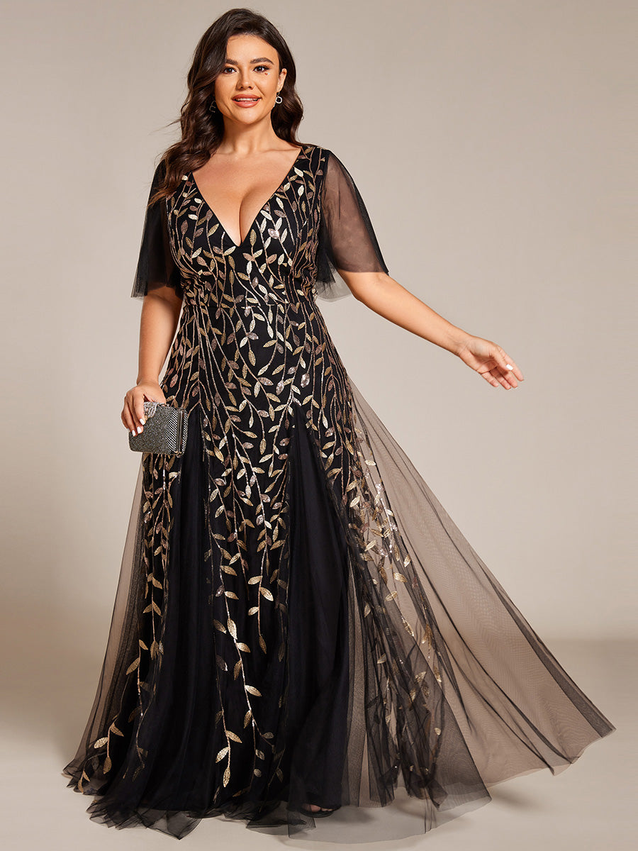 Robe d'Invité de Superbe Mariage Longue à Col en V et Manches à Volants #Couleur_Noir & Or