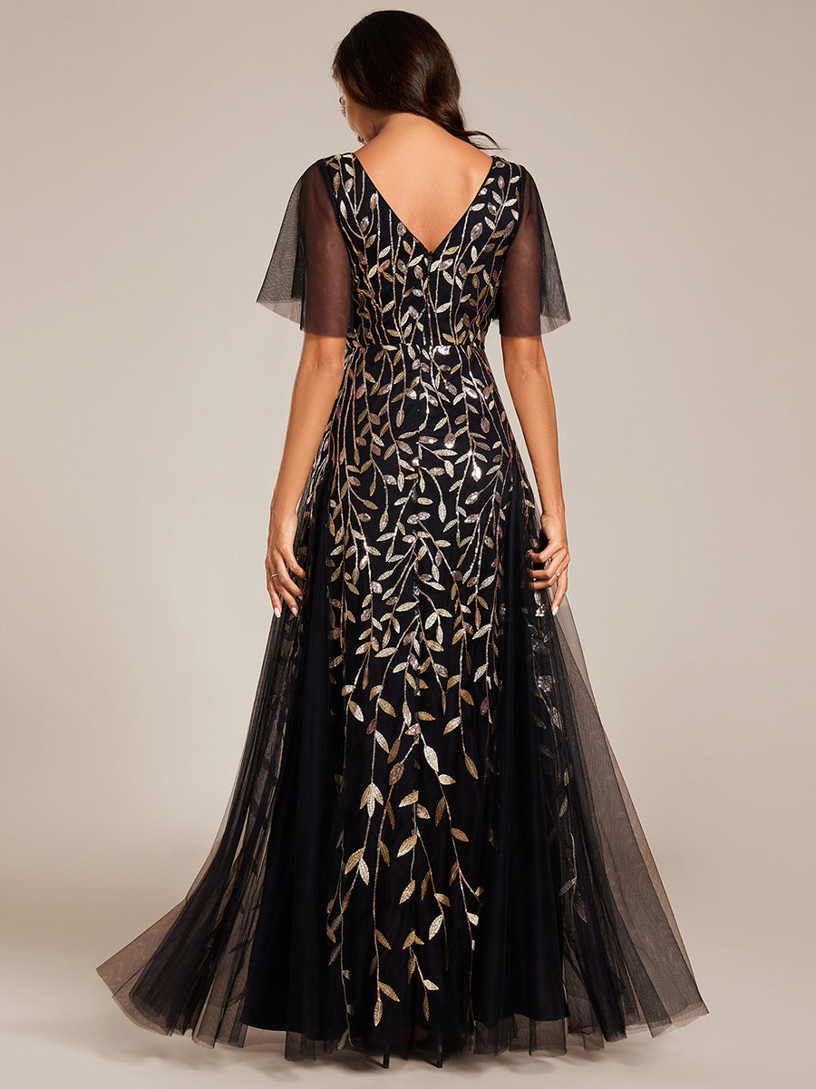 Robe d'Invité de Superbe Mariage Longue à Col en V et Manches à Volants #Couleur_Noir & Or