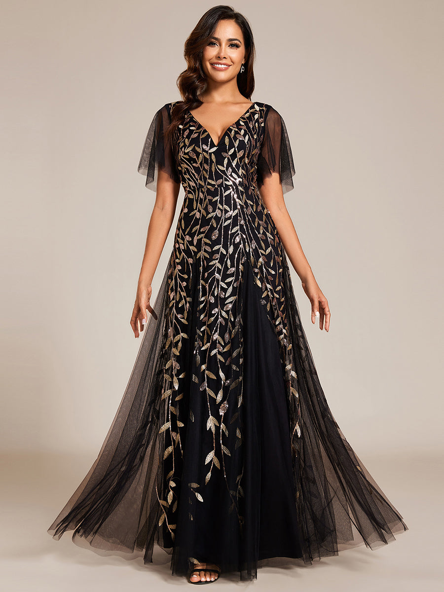 Robe d'Invité de Superbe Mariage Longue à Col en V et Manches à Volants #Couleur_Noir & Or