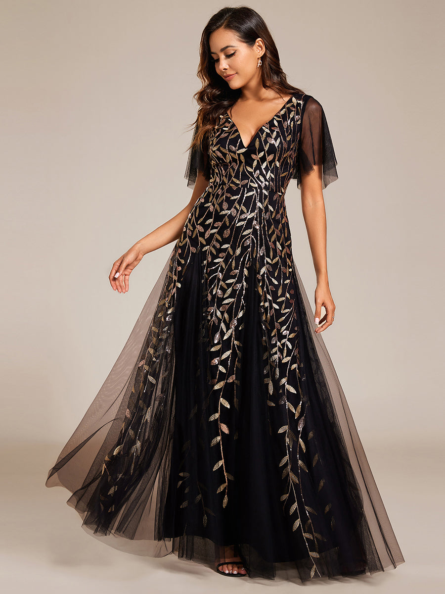 Robe d'Invité de Superbe Mariage Longue à Col en V et Manches à Volants #Couleur_Noir & Or