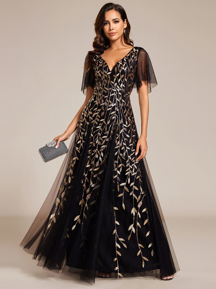 Robe d'Invité de Superbe Mariage Longue à Col en V et Manches à Volants #Couleur_Noir & Or