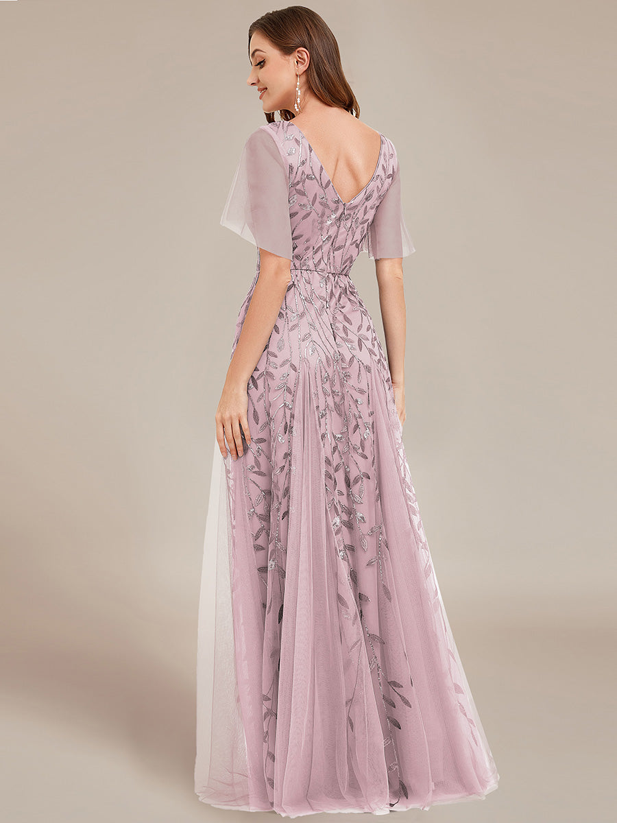 Robe d'Invité de Superbe Mariage Longue à Col en V et Manches à Volants #Couleur_Lilas