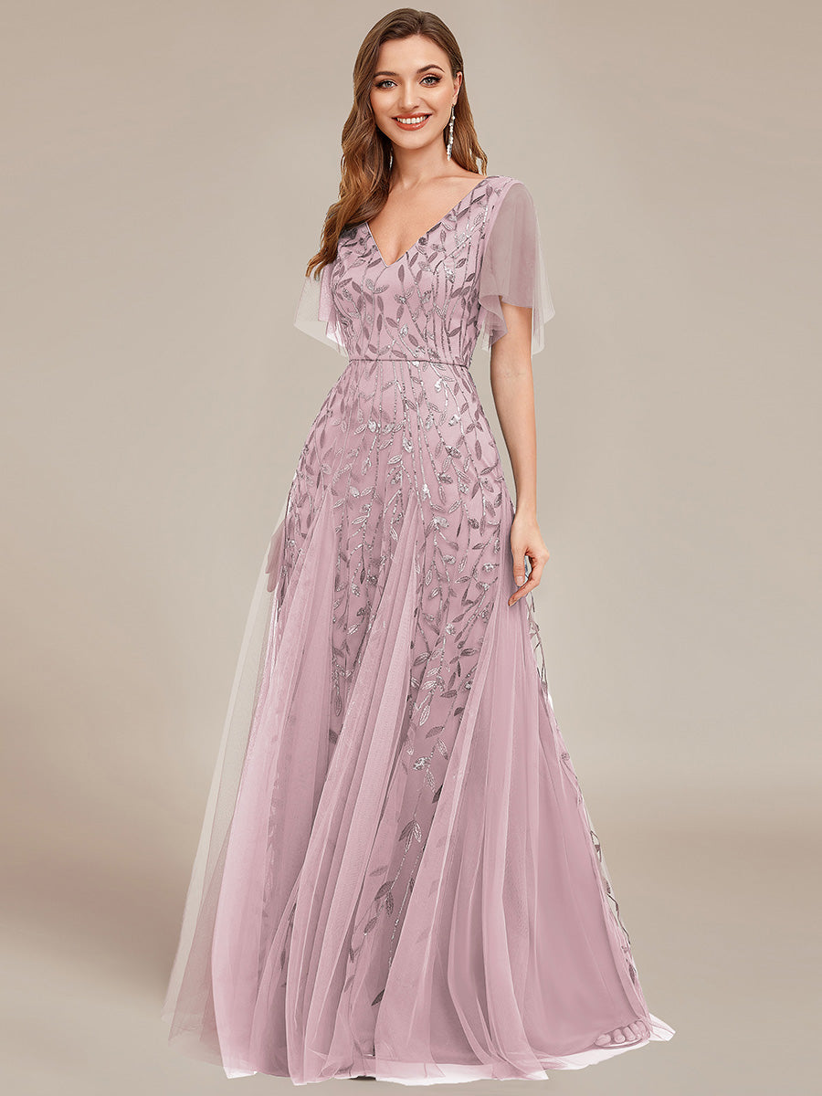 Robe d'Invité de Superbe Mariage Longue à Col en V et Manches à Volants #Couleur_Lilas