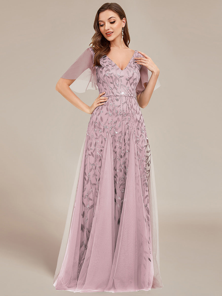 Robe d'Invité de Superbe Mariage Longue à Col en V et Manches à Volants #Couleur_Lilas