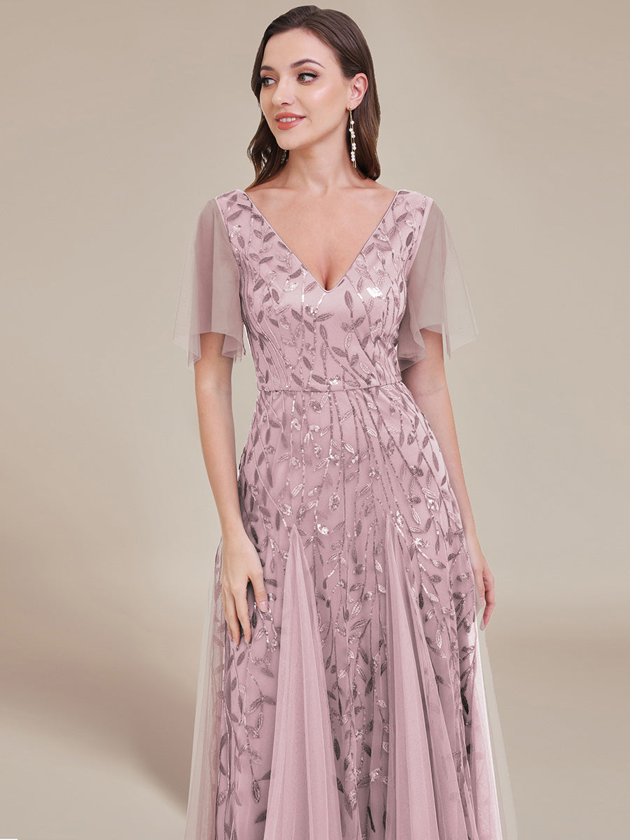 Robe d'Invité de Superbe Mariage Longue à Col en V et Manches à Volants #Couleur_Lilas