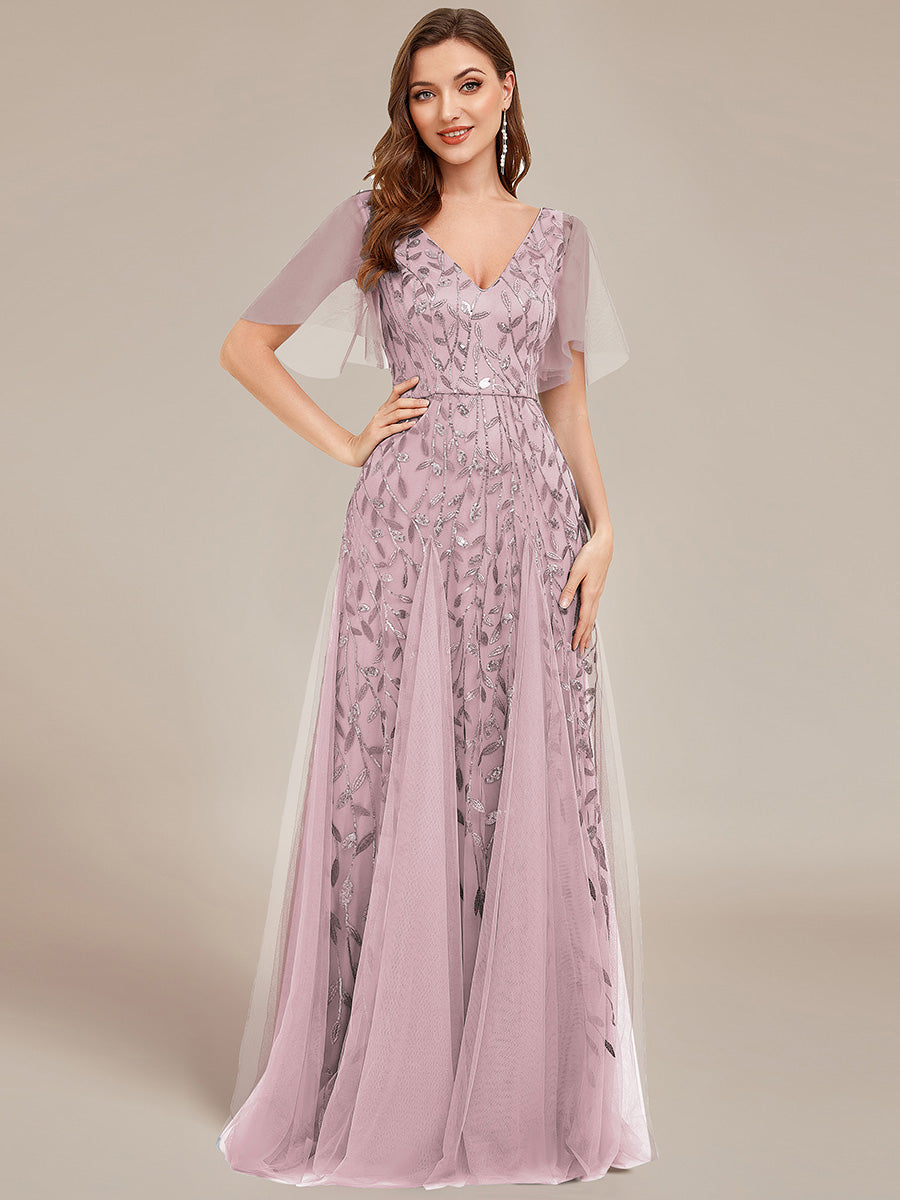 Robe d'Invité de Superbe Mariage Longue à Col en V et Manches à Volants #Couleur_Lilas