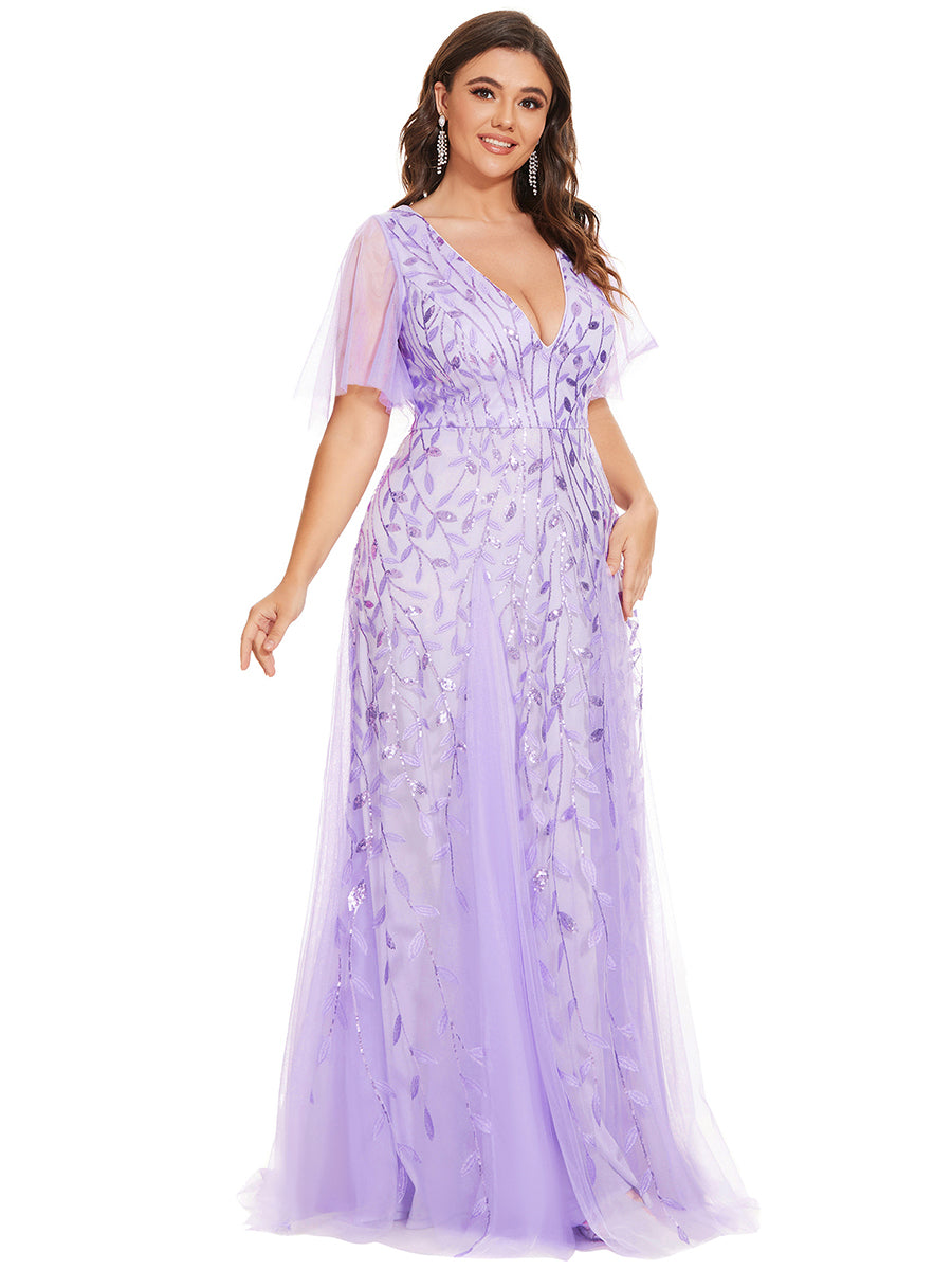 Grande Taille Robe de Soirée Romantique Scintillante à col en V et Manches à Volants #Couleur_Lavande