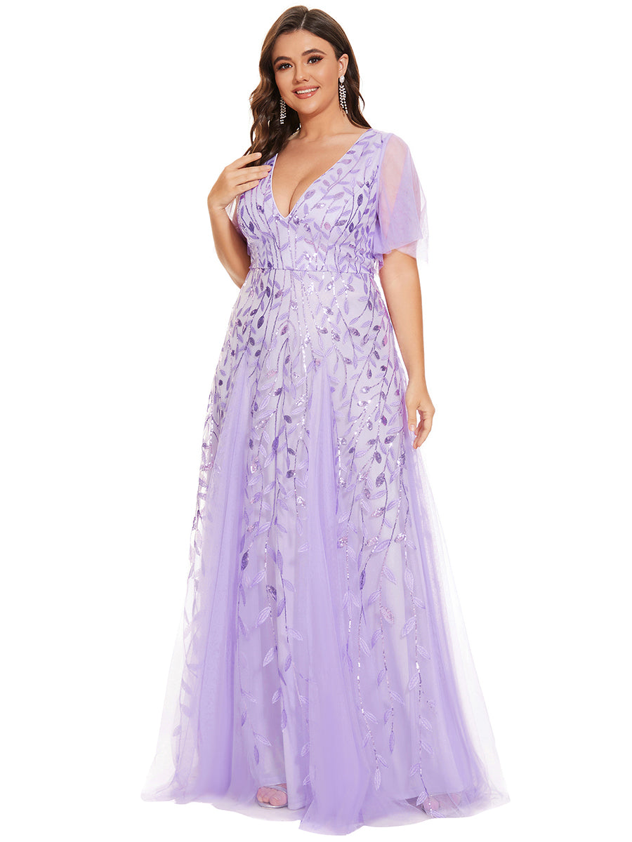 Grande Taille Robe de Soirée Romantique Scintillante à col en V et Manches à Volants #Couleur_Lavande