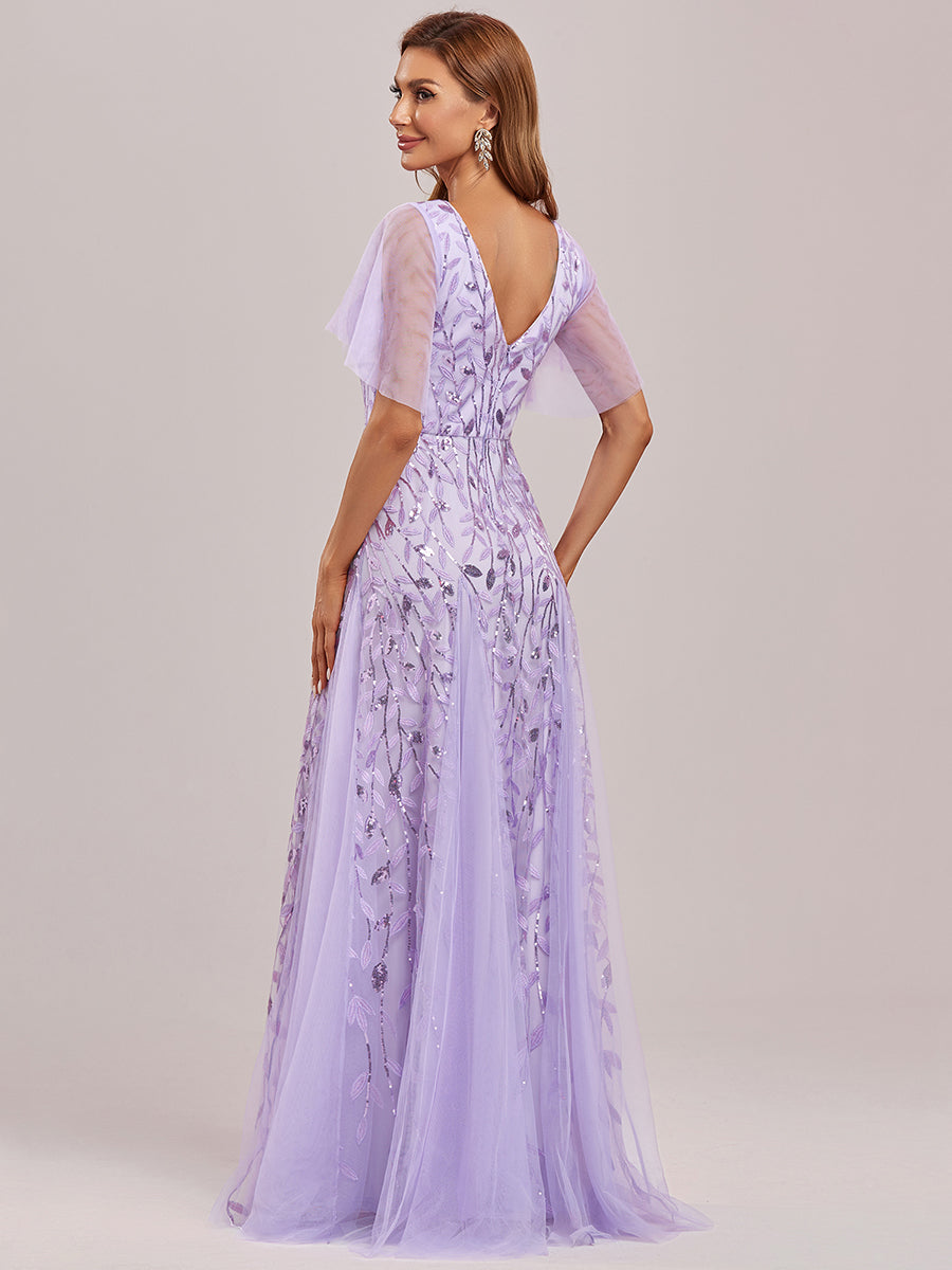 Robe d'Invité de Superbe Mariage Longue à Col en V et Manches à Volants #Couleur_Lavande