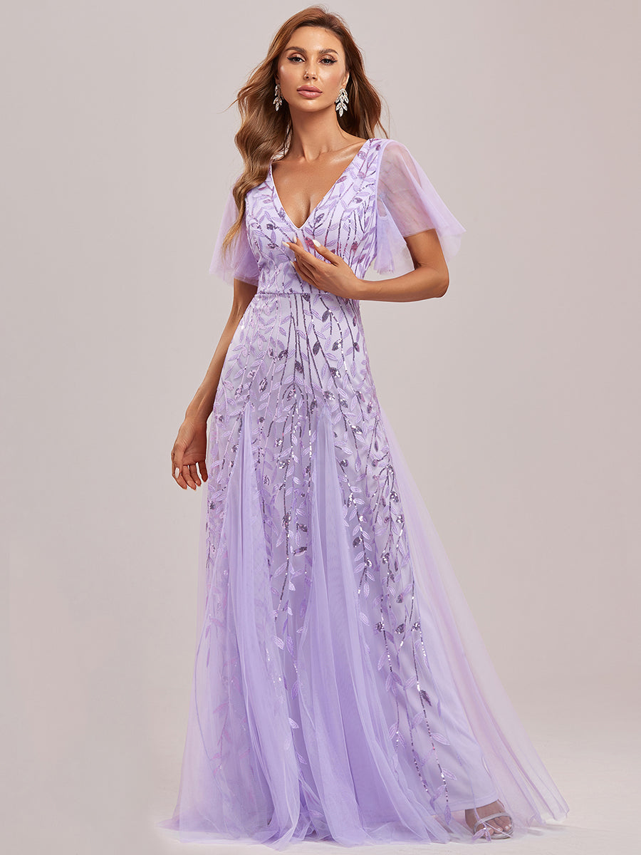 Robe d'Invité de Superbe Mariage Longue à Col en V et Manches à Volants #Couleur_Lavande