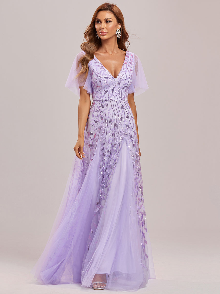 Robe d'Invité de Superbe Mariage Longue à Col en V et Manches à Volants #Couleur_Lavande