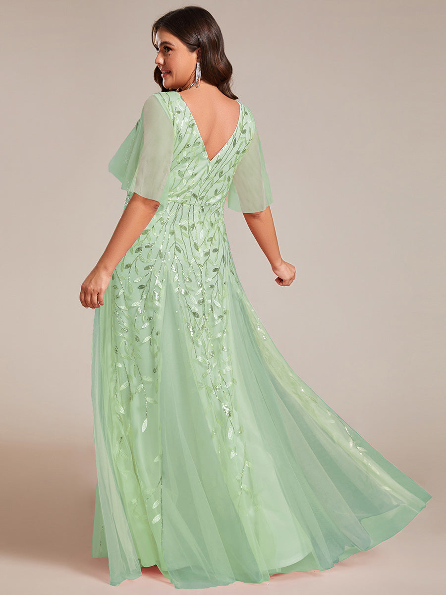 Grande Taille Robe de Soirée Romantique Scintillante à col en V et Manches à Volants #Couleur_Menthe Verte